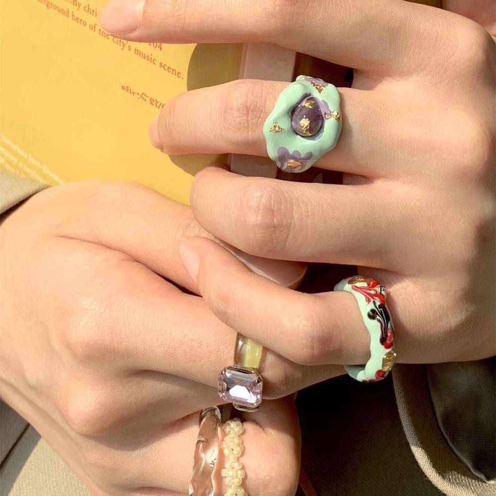 Needway  Geometric Finger Rings Personality Alloy Open Ring Women Colorful Korean Painted Flower Temperament Girls Fashion Jewelry/Multicolor