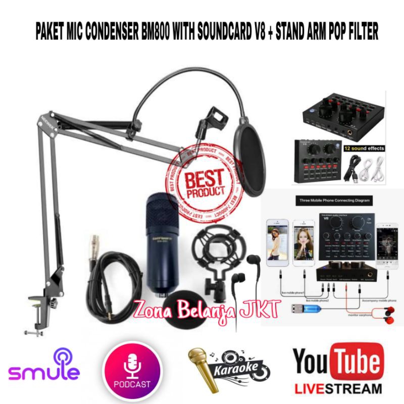 PAKET MIC BM800  BM 800 CONDENSER SOUNDCARD V8U STAND ARM POP FILTER REKAMAN PODCAST