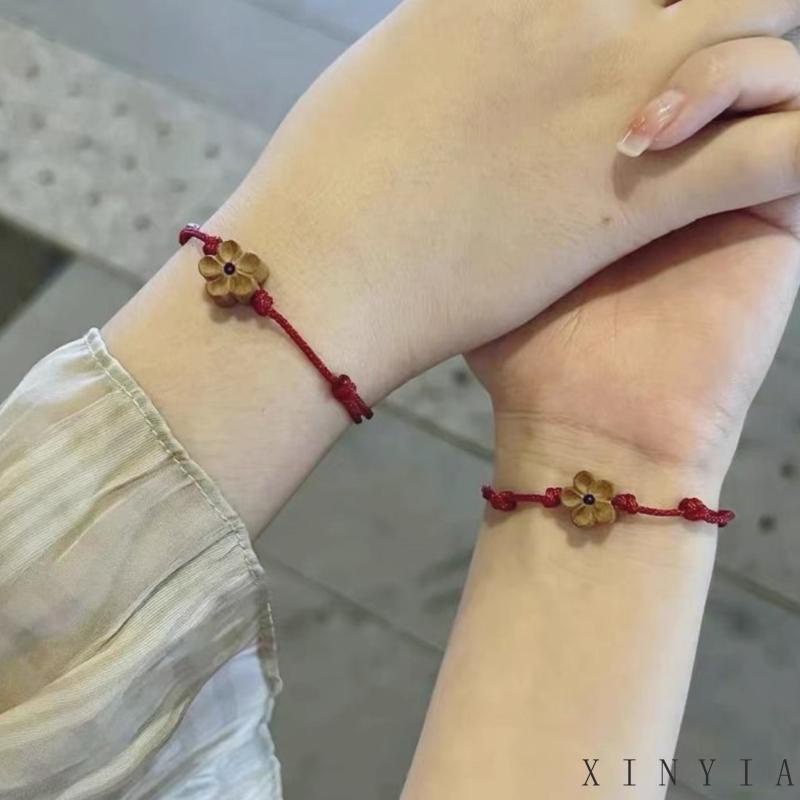 【COD】Gelang Tangan Tali Merah Anyaman Tangan Desain Ukiran Kayu Peach Plum Mekar Untuk Wanita gelang pasangan