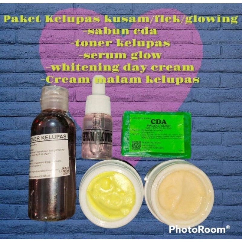 Paket Kelupas Toner Kelupas+Serum Glowing+Sabun Cda+Whitening Day Cream+Cream Malam Kelupas