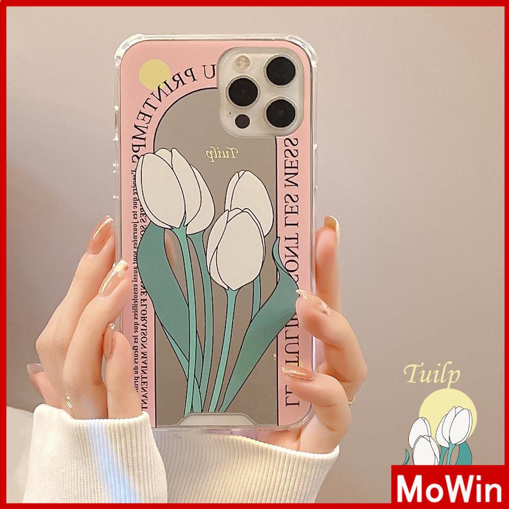 iPhone Case Acrylic Mirror Airbag Shockproof Protection Camera Cute Pink Tulip Flower Compatible For iPhone 11 iPhone 13 Pro Max iPhone 12 Pro Max iPhone 7 Plus iPhone x xr xs max