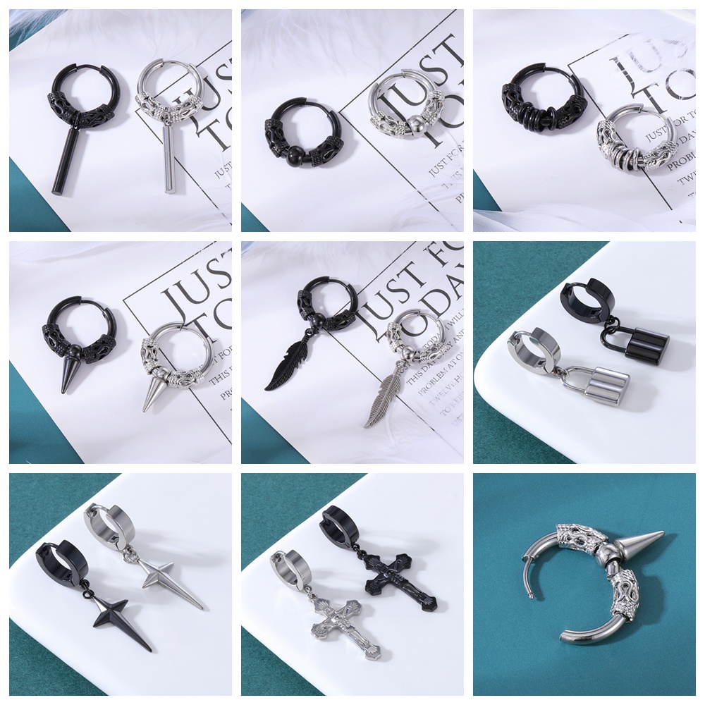 6pcs / lot Anting Hoop Rantai Rumbai Panjang Desain Tengkorak Salib Bahan Stainless Steel Gaya Punk Korea