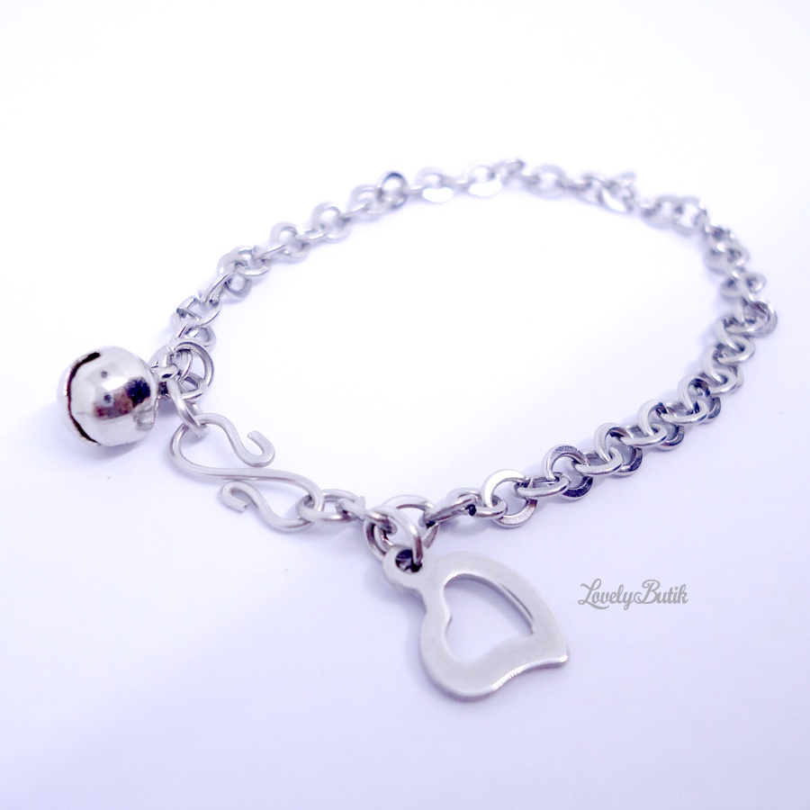 Lovelybutik - Gelang Tangan Bayi Monel Rantai Kerincing Krincing Baby 0-2 Tahun Model Terbaru Love Frame Kecil Krincingan Baja Putih Stainless Steel