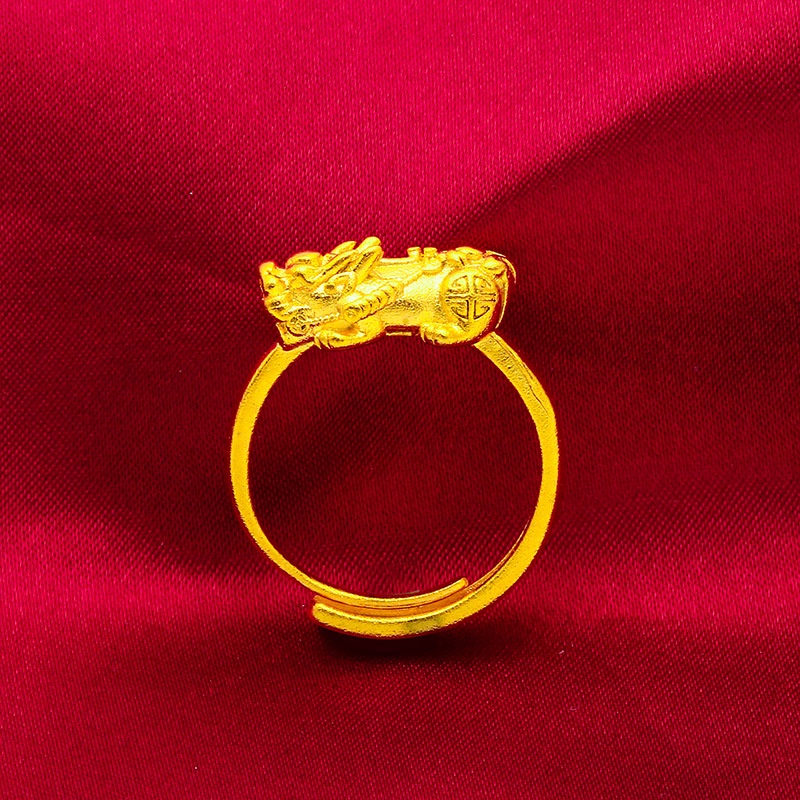 Cincin Emas Asli Kadar 375 Matte Sandblasted Pixiu Dapat Disesuaikan Untuk Wanita