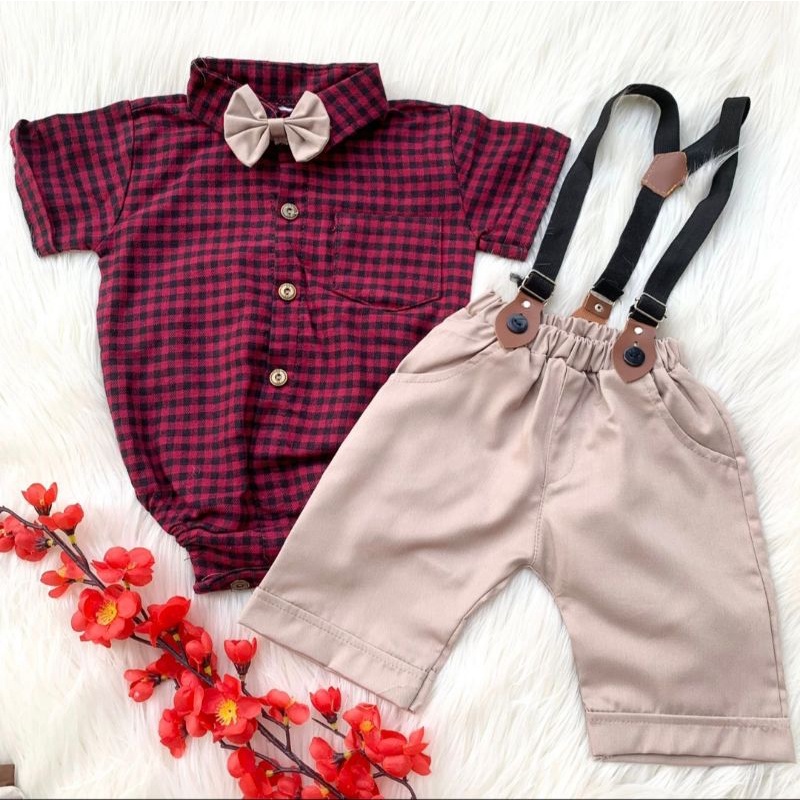 Baju setelan jumper celana suspender motif kotak pergi jalan fashion anak bayi cowok laki murah -tar