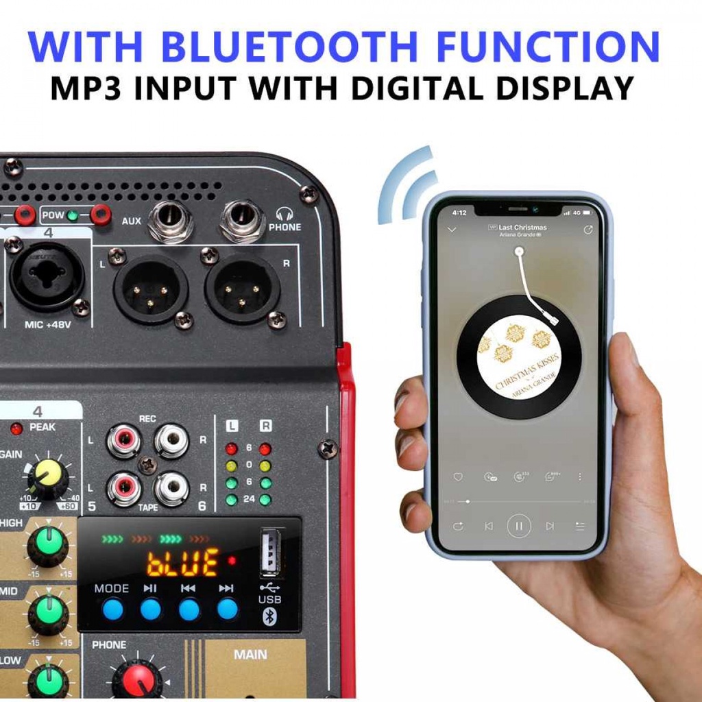 Audio Mixer Professional Live DJ Bluetooth 6 Channel Phantom Power