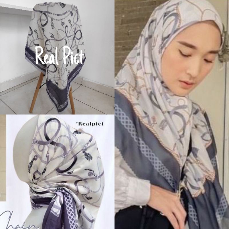 Kerudung vanilla hijab jilbab leopard love rantal polkadot / vanilla hijab segiempat voal motif vanilla chain / deenay kw button kw lasercut-Vanchain putih
