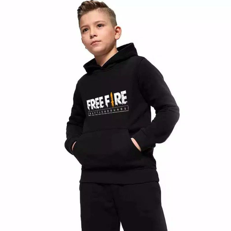 Jaket Swater Hoodie Free Fire Anak Laki Laki Umur 6 - 12 Tahun Warna Hitam