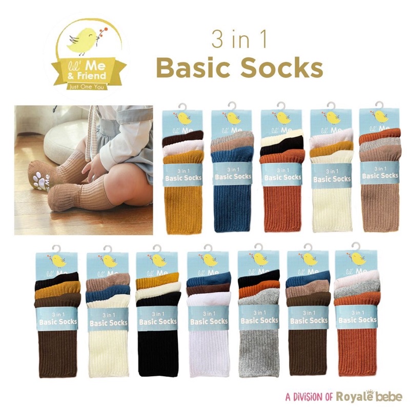 Lil Me 3in1 BASIC SOCKS - CLASSIC SOCKS 0-12m / Kaos Kaki Bayi Anak Isi 3 Halus Tidak Tipis