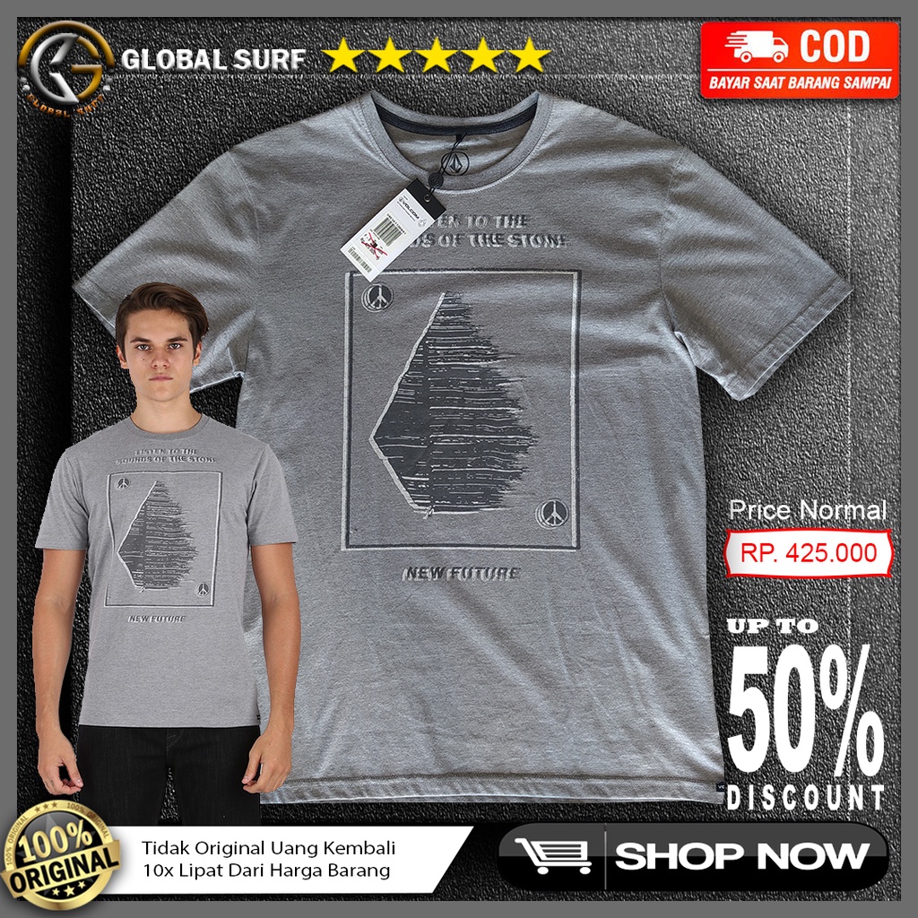 Kaos Volcom Original Surf Abu Abu Motif Gambar Depan Baju Pria Lengan Pendek Kerah Bulat Regular Fit