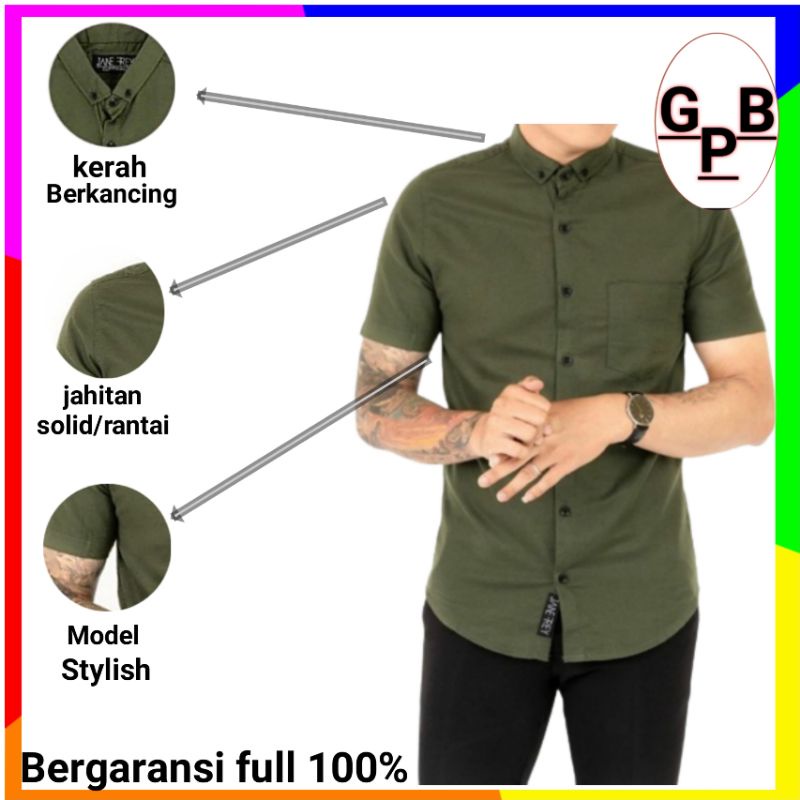 kemeja pria lengan pendek polos / hem atasan bahan katun warna army hitam navy putih