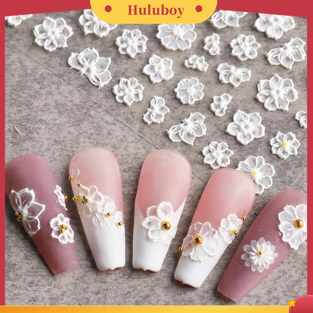 Huluboy Huluboy♡ 1 Lembar Stiker Kuku Motif Bunga Timbul 5D Tahan Air Untuk Manicure