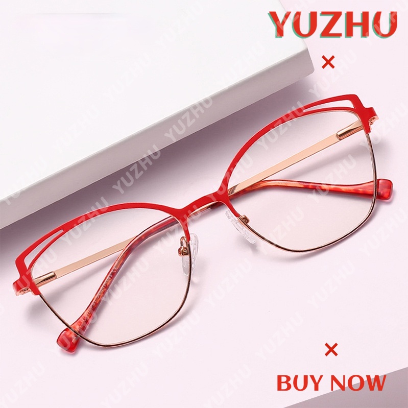 (YUZHU) COD Kacamata Fashion Eropa dan Amerika Cat Eye Anti Cahaya Biru Two Tone Metal Spring Leg Glasses untuk Wanita