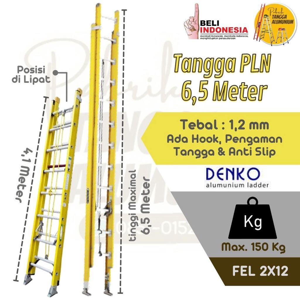 Tangga PLN Fiberglass Extension Ladder DENKO FEL 2X12 | 6,8 Meter Sliding Sorong