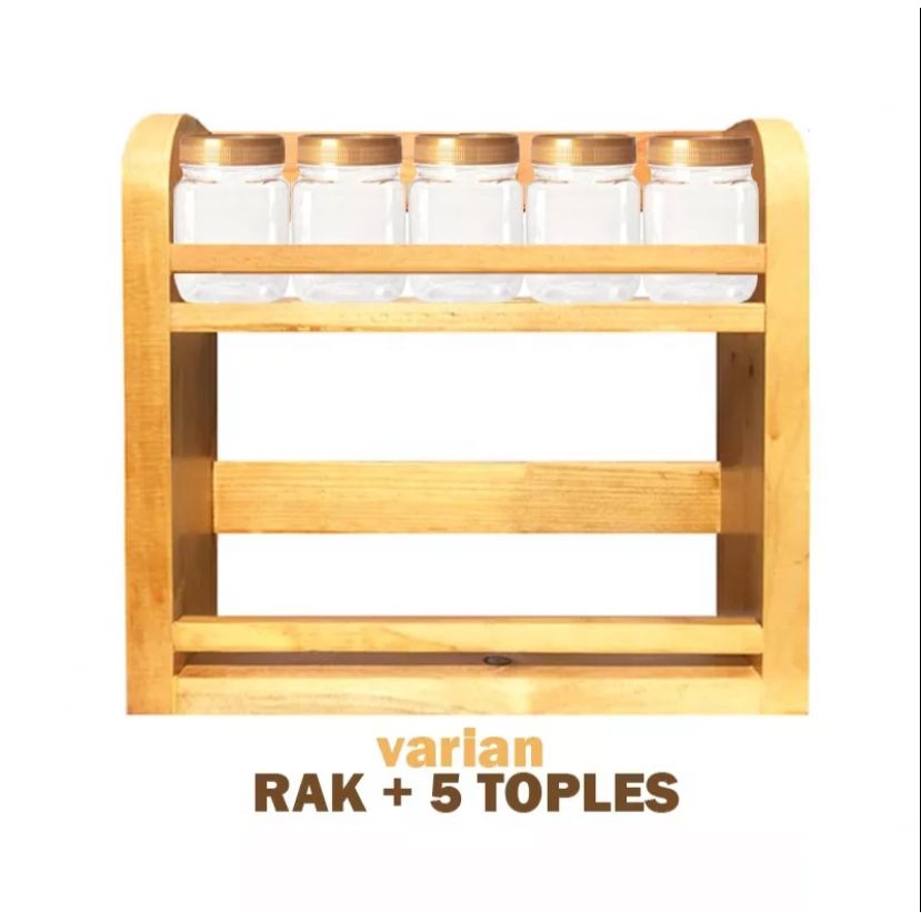 Rak Bumbu Kayu isi 5 Toples + Sendok