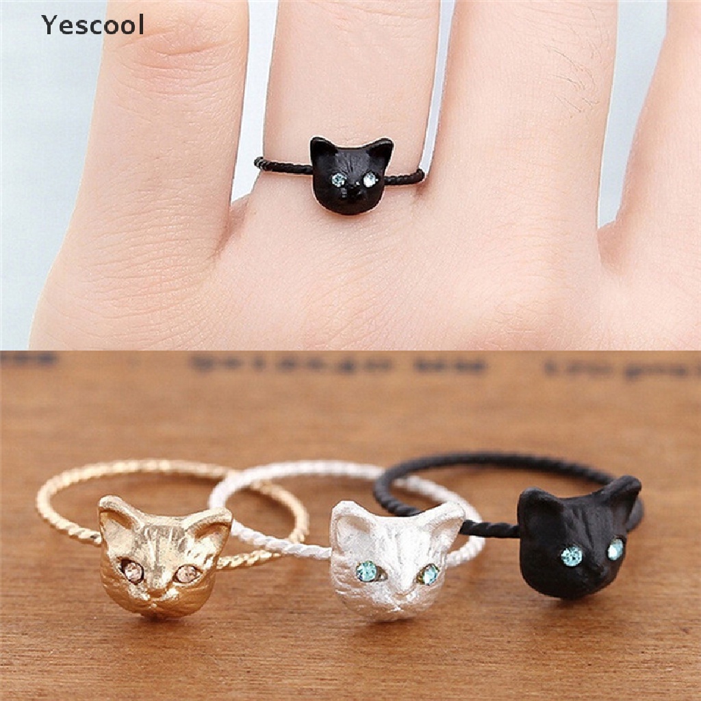 Yes 1Pc Cincin Bentuk Kucing Mini Aksen Berlian Imitasi Warna Goldsilverhitam Untuk Wanita