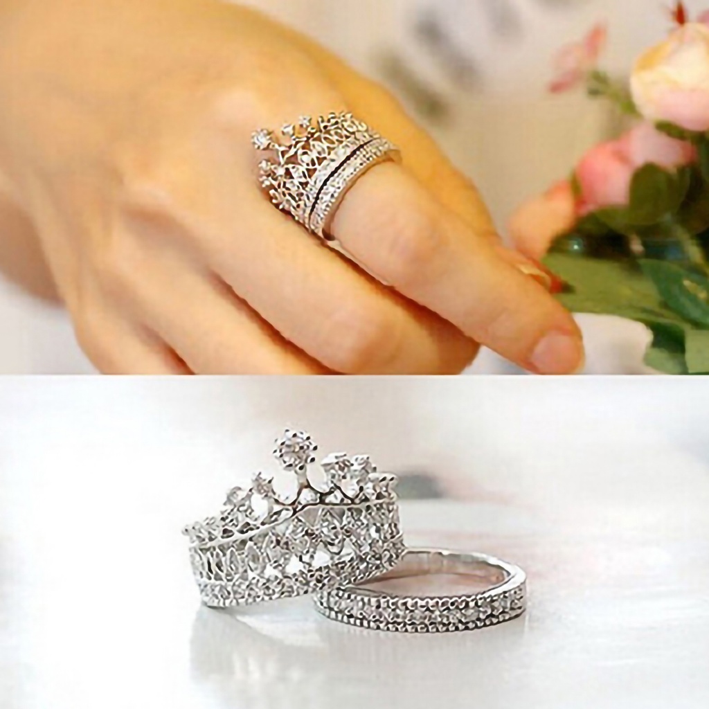 Hu Hu Hu Hu Hu Alat Bantu Pasang Kacamata♡ 2pcs / Set Cincin Wanita Bentuk Mahkota Aksen Berlian Imitasi Bahan Alloy Untuk Pernikahan