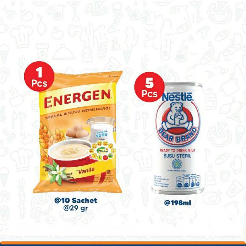 

Paket Hepi Fuo Susu Bear Brand 198ml x 5kaleng & Energen Rencenh 29gr x 10sachet