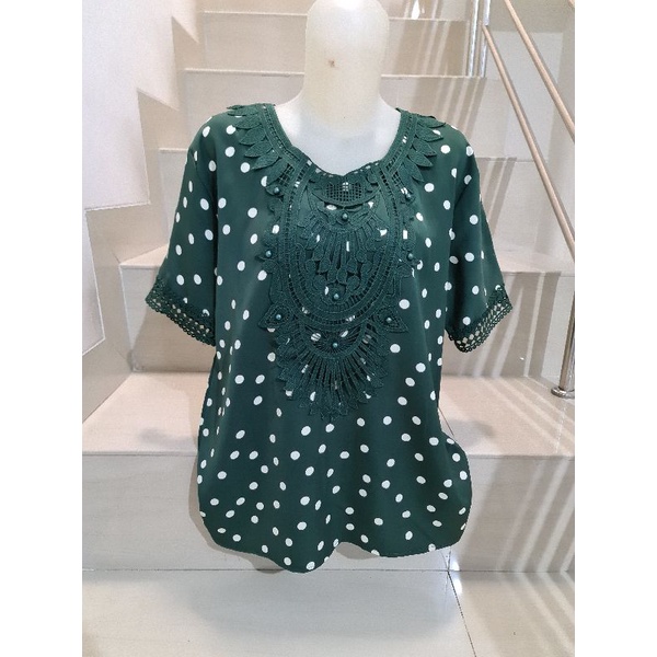 Blouse Brukat Bunga Renda Combi Brukat Impor XL-2XL-79 - Hijau Ld 104