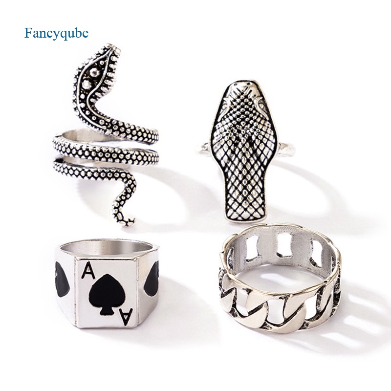 Fancyqube 4pcs / Set Cincin Bentuk Ular Bahan Metal Alloy Warna Silver Gaya Vintage Gothic Untuk Pria Dan Wanita