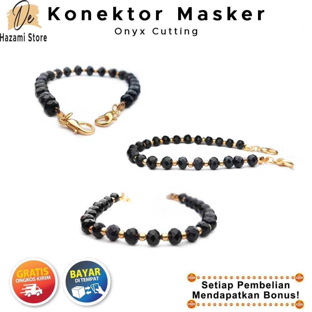 BISA COD Konektor Masker Pengait Hijab Batu Manik Manik Hitam Emas Rantai Titanium Terbaru 2021