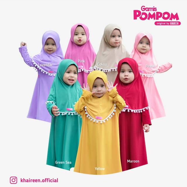 Gamis Syari Anak Polos + Jilbab Model Pompom By Khaireen
