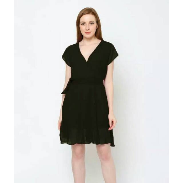 Midi Dress Rok Wanita Sifon Tangan pendek Gaya Korea Polos Warna Hitam