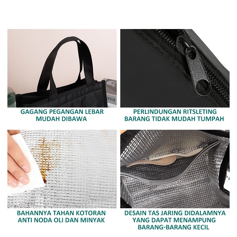 ecentio &amp; FOODI Tas Bekal Lunch Cooler Bag Box Makanan Alumunium Kotak Makan Anak bermotif hitam tahan air tempat makan