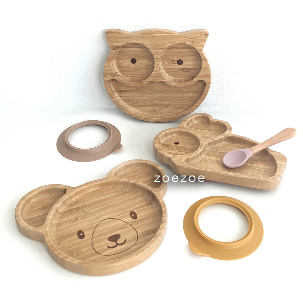 ZOEZOE Bamboo Suction Plate Spoon Set Piring Sendok Makan Anak Bayi Bambu Silikon bukan Eco Rascals