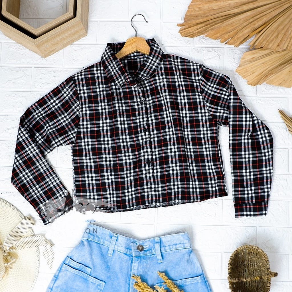 Weijia  Fashion Baju Kemeja  Wanita Lengan Panjang Terbaru / Kem  Tartan Crop Top Blouse / Tartan Ou