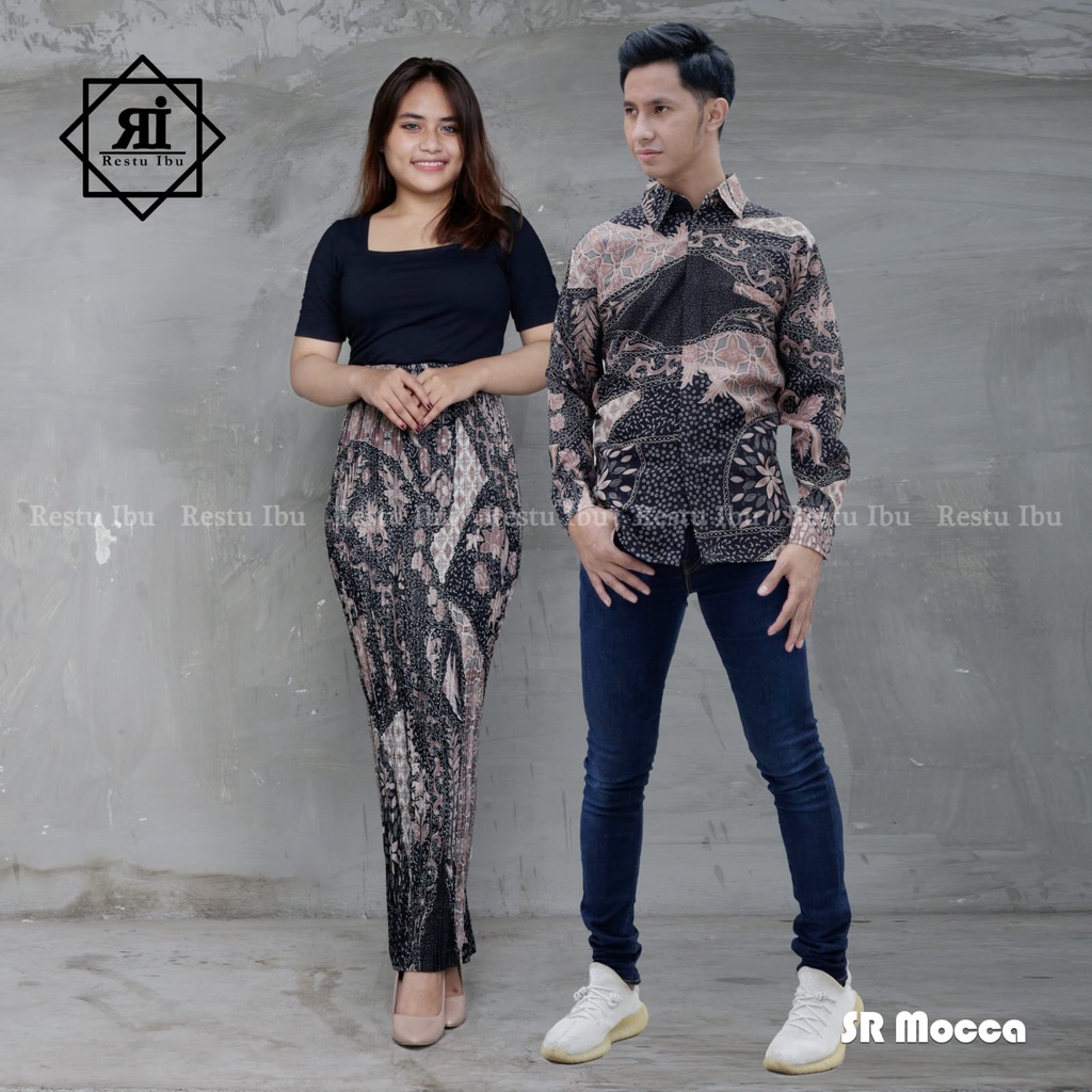 HN MODE - Couple rok plisket floral terbaru mix kemeja batik panjang