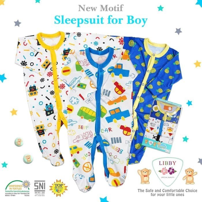 Baju Tidur Bayi Sleepsuit Jumper Piyama Anak Laki Laki Perempuan 0-9 Bulan Libby Sleepsuit Kancing Premium