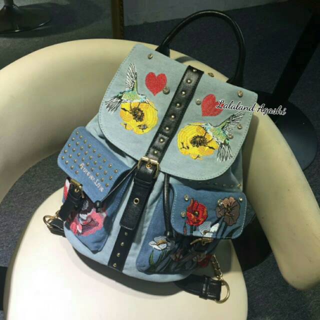 Tas ransel zara bordir bunga denim