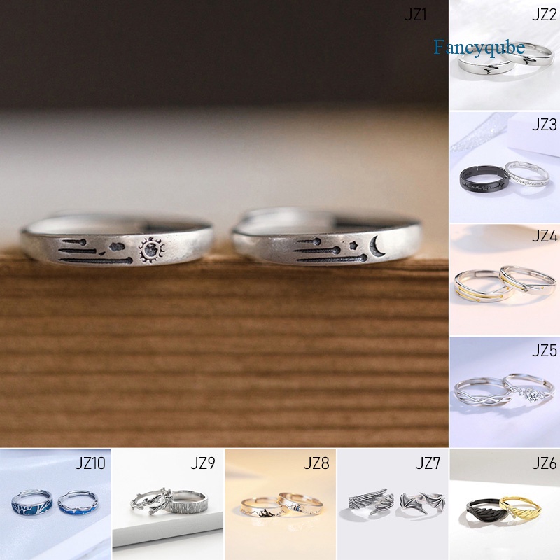 Fancyqube 2pcs Cincin Model Terbuka Desain Electrocardiogram Hati Warna Hitam Silver Untuk Pria Dan Wanita