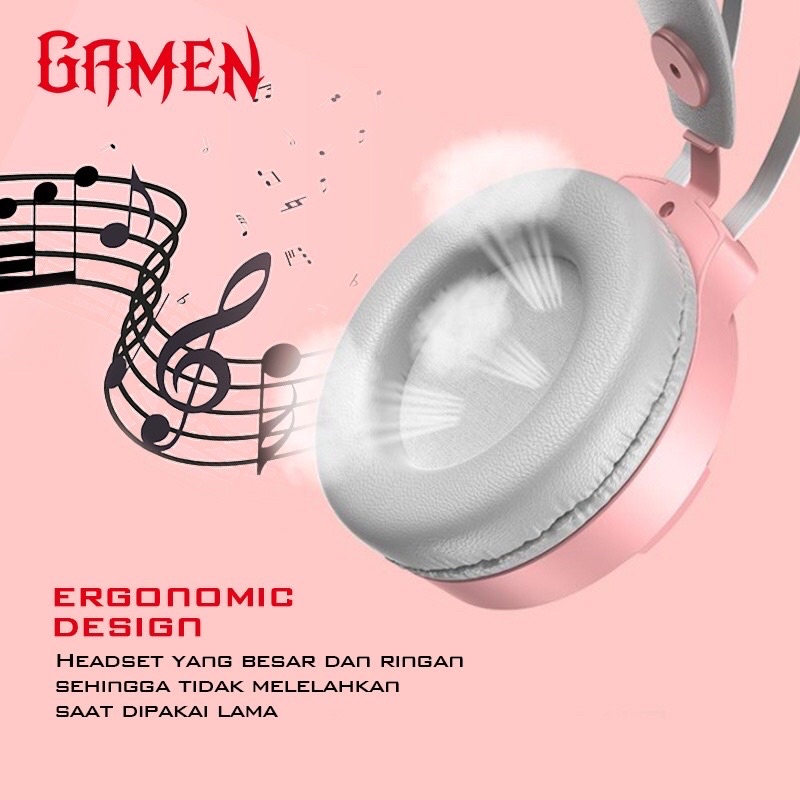 GAMEN GH1100 Pink Headset Earphone Headphone Gaming Cat Ear LED RGB Lighting Original Bass - Garansi 1 Tahun