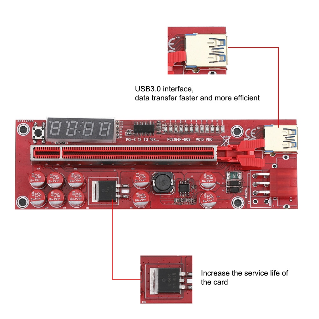 Pci-e Riser Ver011s plus Kartu Grafis GPU Adapter Riser Dengan 13 Lampu Led Warna Merah