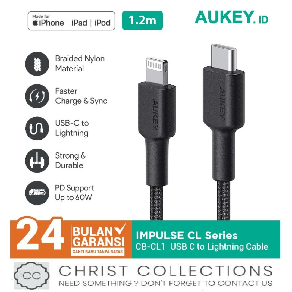 AUKEY KABEL DATA / KABEL CHARGER TYPE C TO LIGHTNING 1,2M
