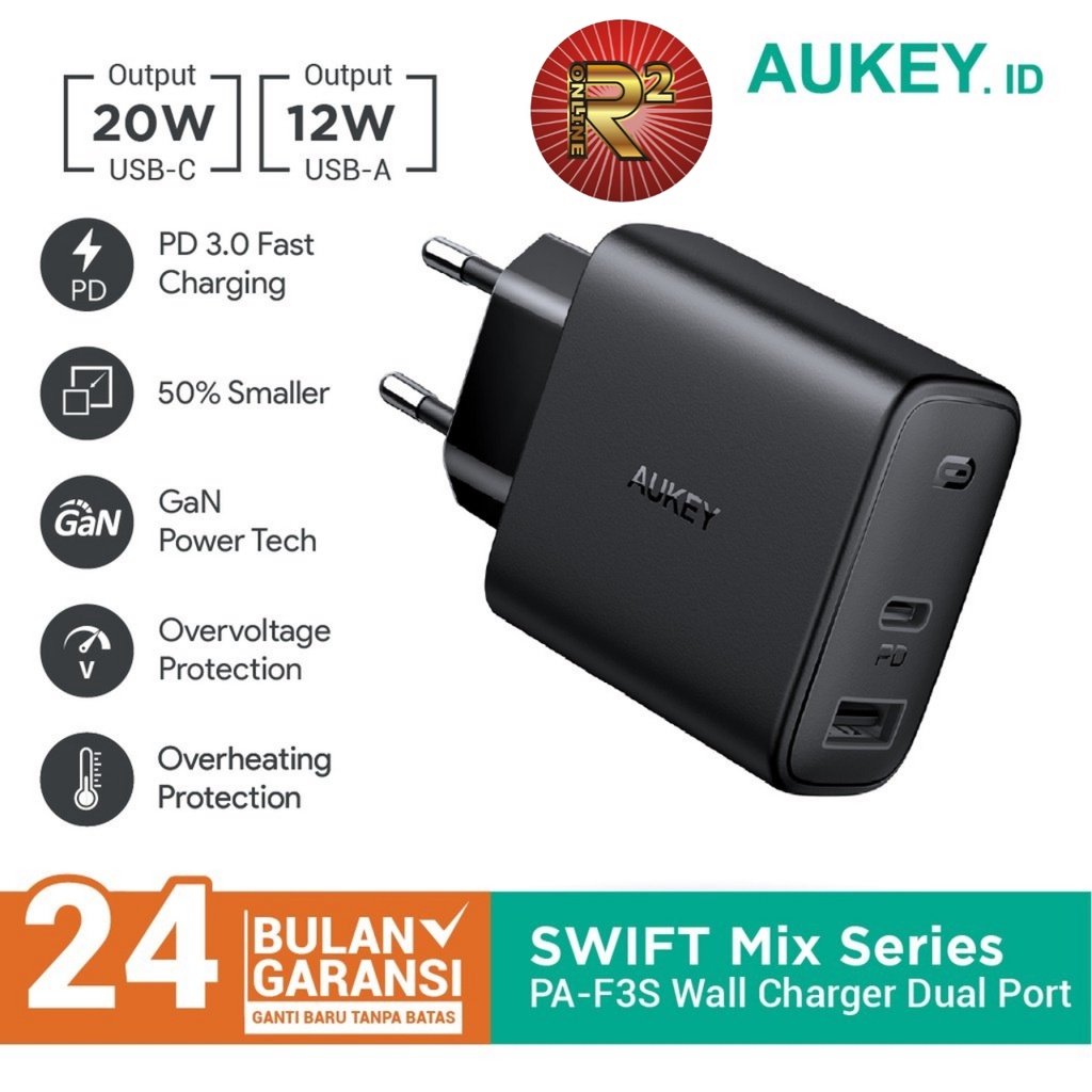 Aukey PA F3S Charger Swift Mix 32W 2 Port PD Original Garansi Resmi