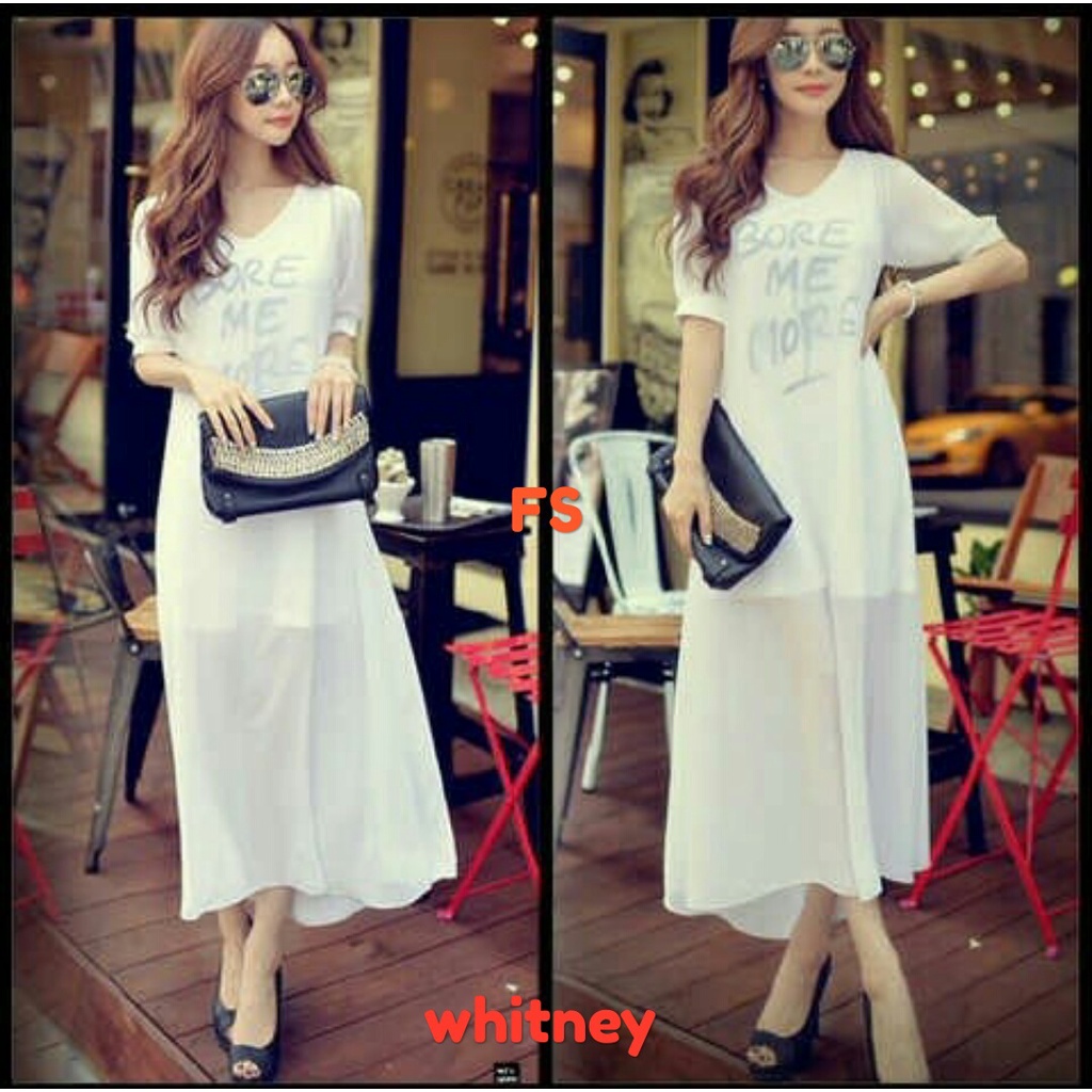 long dress/dress gaya korea/korean style/dress putih/casual dress/dress putih