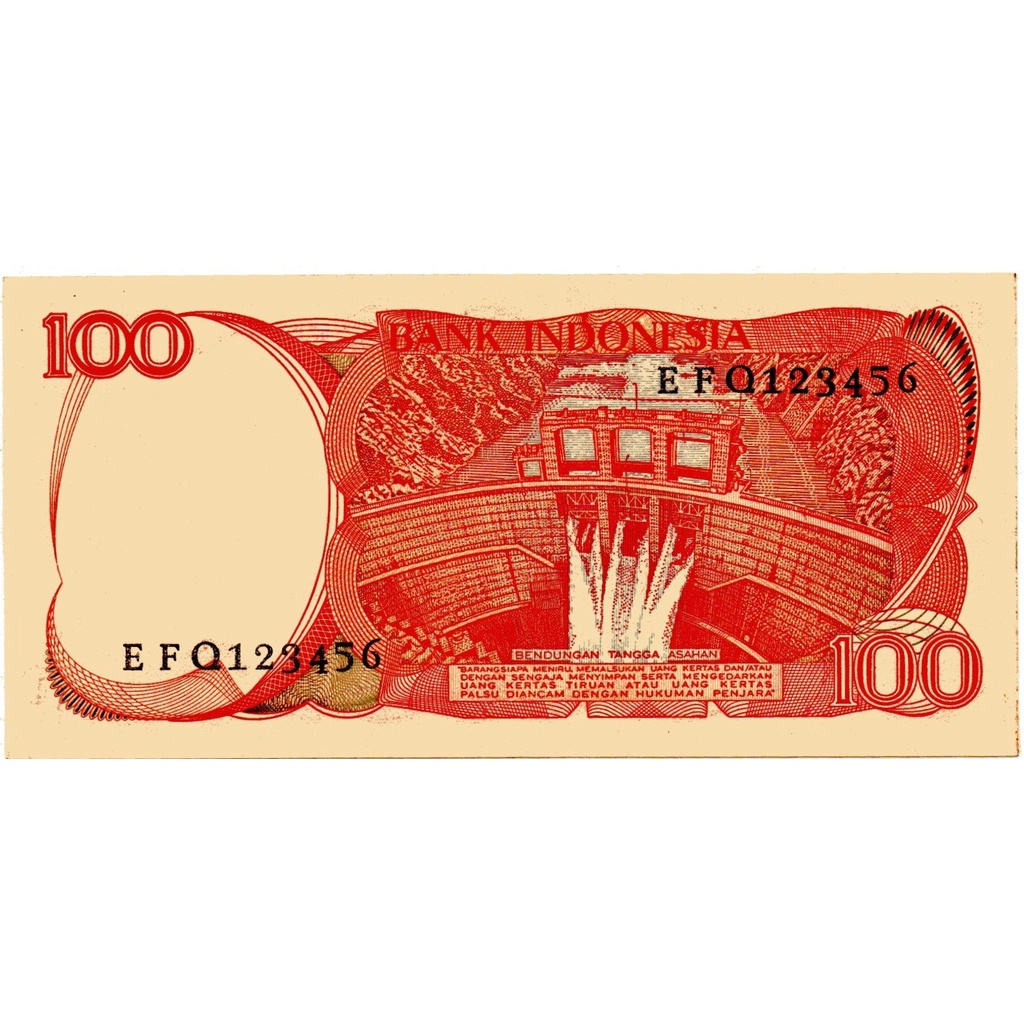 Uang Kuno Nomor Cantik EFQ123456 Indonesia 100 Rupiah 1988 UNC