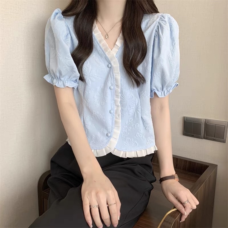 [ready stock] daeun blue top | atasan blouse biru gaya korea import