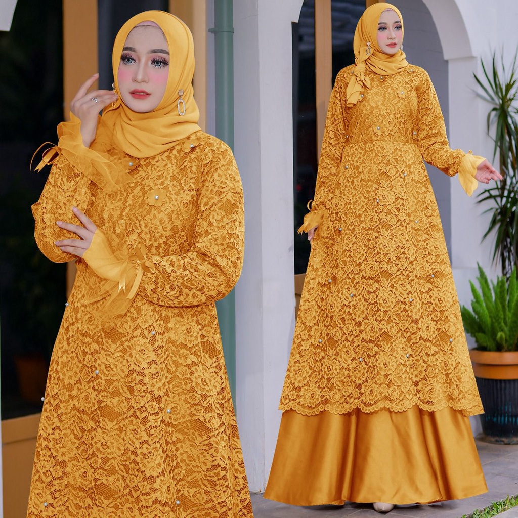 Vellona Baju Gamis Full Brukat Pesta Premium Remaja Dewasa Wanita Jumbo-Mustard