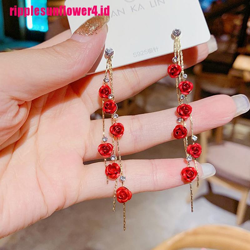 Anting Gantung Panjang Model Kelopak Bunga Dengan Rumbai Warna Merah / Ungu Untuk Wanita