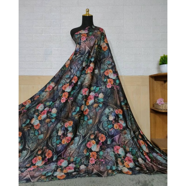s.133.01 kain arm*any silk satin sutra motif hitam bunga dasar bahan licin