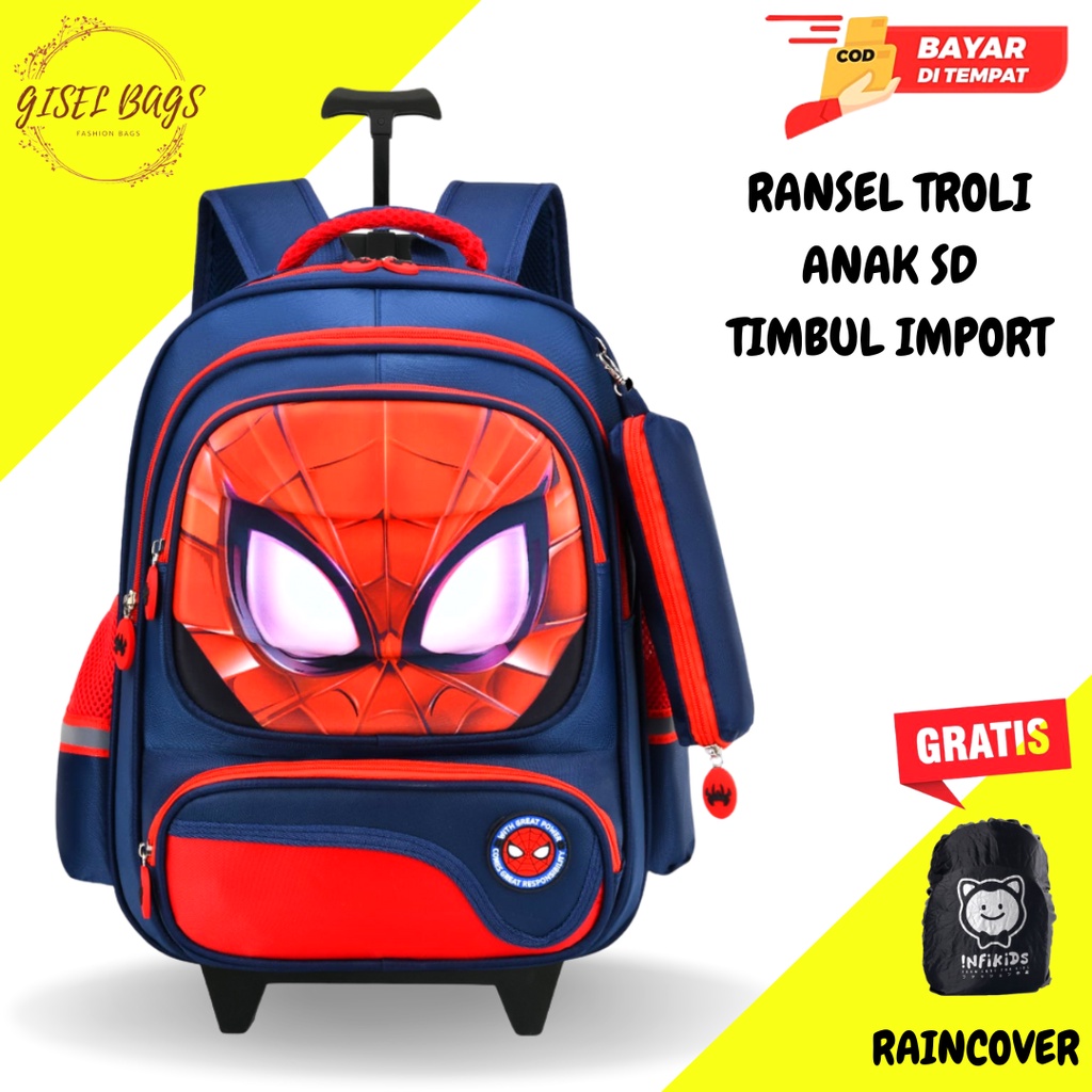 Tas troli anak laki laki sekolah sd gambar timbul karakter superhero waterproof