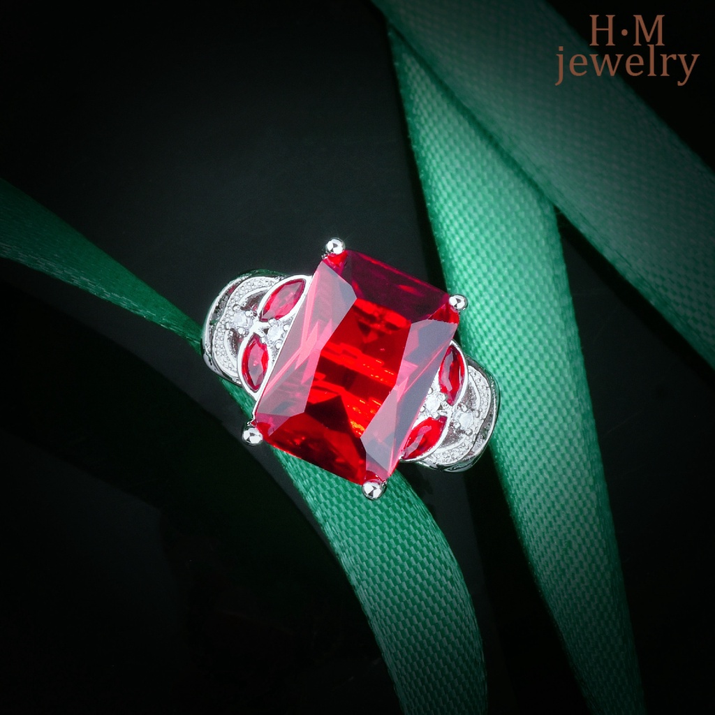 Cincin Berlian Ruby Merah Bentuk Kotak