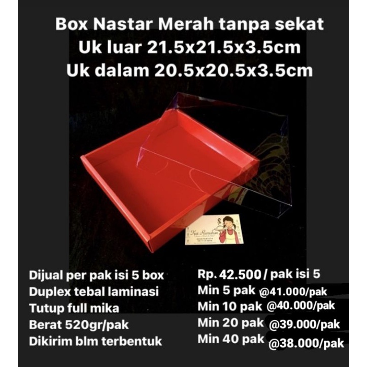 

RB Box Nastar Merah tanpa sekat Uk luar 21.5x21.5x3.5cm isi 5 box/pak