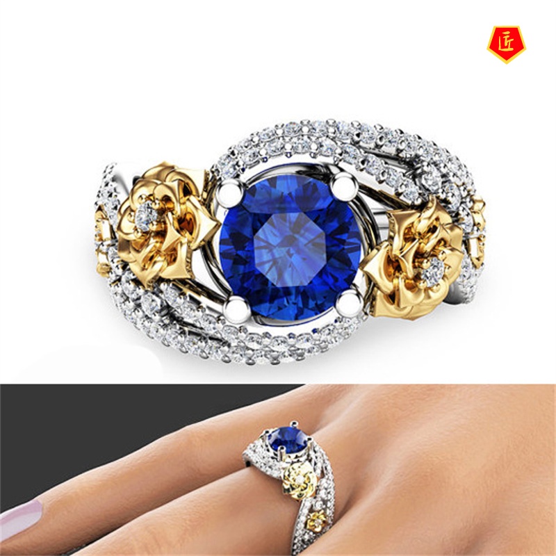 [Ready Stock]18K Micro-Inlaid Sapphire Gold Flower Color Separation Ring