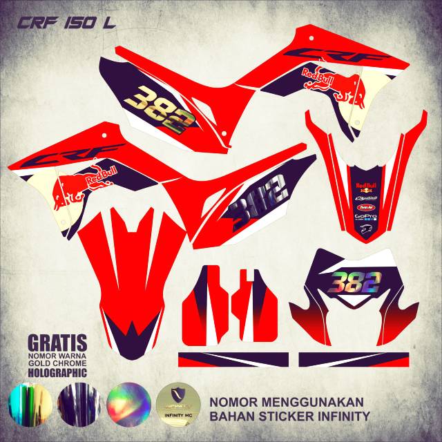 Sticker Striping Full Body Variasi Honda CRF 150 L Nomer Chrome Nomor Dengan Bahan Hologram dan Gold