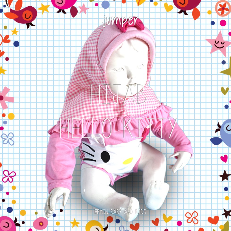 Ermon Baby - Jumper Bayi Perempuan Jumper Baby Cewek Lucu Hijab Karakter Hellokitty + Hijab / Jilbab Usia 0 - 12 Bulan